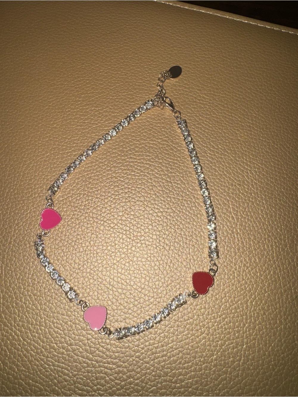Silver tone Crystal Necklace with Pink and Red Heart Charms-Kids
